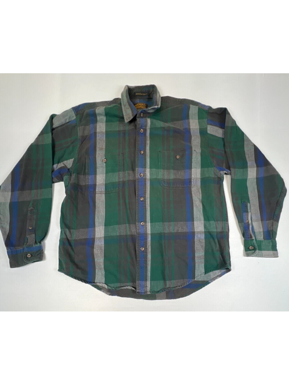 Vintage Eddie Bauer Men L McKinley Flannel Shirt Plaid Green Blue Long Sleeve
